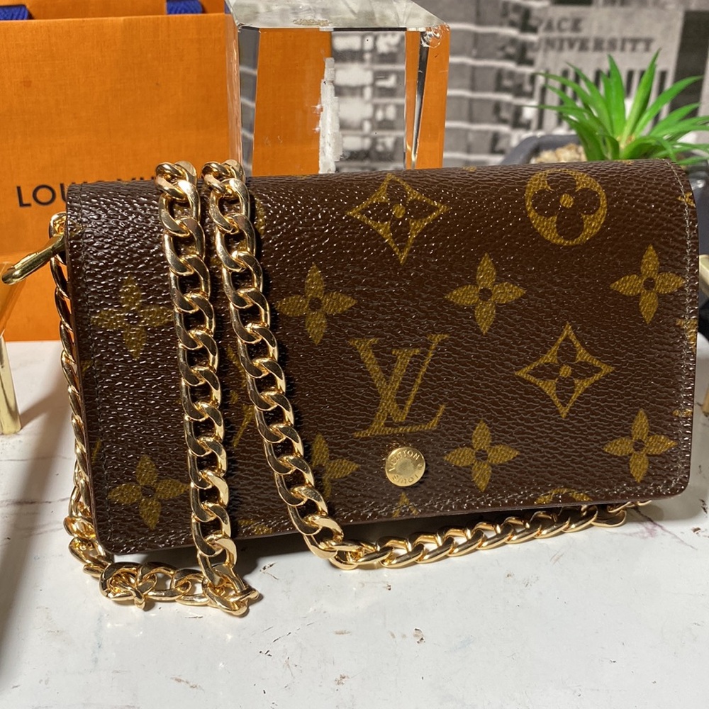 Louis Vuitton Brown Monogram Chain Wallet with Gold Hardware